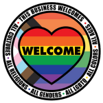 Colourful circle with Welcome in a heart in the center symbolizing Onward Wellness is an all inclusive psychology clinic. Words surrounding the circle are: This business welcomes all cultures, all religions, all genders, all LGBTQ, all ages.